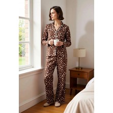 Benerly Kadın Gömlek Yaka Uzun Kol Fitted Kalıp Leopar Desenli Pijama Takımı Kaliteli