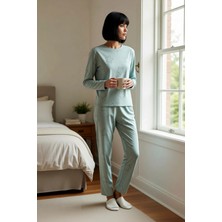 Benerly Kadın Bisiklet Yaka Uzun Kol Regular Kalıp Yıldız Desenli Örme Pijama Takımı Şık %100 Pamuk