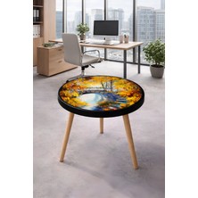 Boyut Modern Salon Sehpası – 42X42 cm Yuvarlak, Çiçek Desenli Üst Tabla, Ahşap Ayaklı