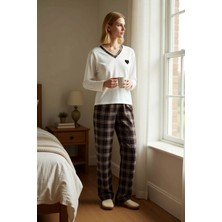 Benerly Kadın V Yaka Düşük Kol Uzun Kollu Regular Kalıp Ekose Desenli Pijama Takımı Şık %100 Pamuk
