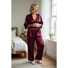 Benerly Kadın V Yaka Uzun Kol Regular Kalıp Saten Dokuma Pijama Takımı Fonksiyonel Dayanıklı Rahat