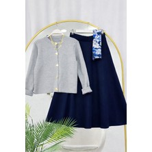 RFK Butik Kadın Triko Gold Kalpli Hırka Puf Scuba Etekli Takım - Gri-Lacivert