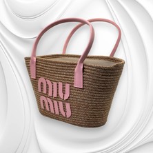 Miu Pembe Detaylı Hasır Çanta