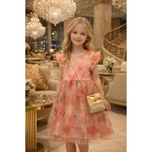 Diamondstar Kız Çocuk Çiçek Desenli Çantalı Bayramlık Prenses Düğün Parti Doğum Günü Elbisesi