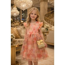 Diamondstar Kız Çocuk Çiçek Desenli Çantalı Bayramlık Prenses Düğün Parti Doğum Günü Elbisesi 5/8 Yaş