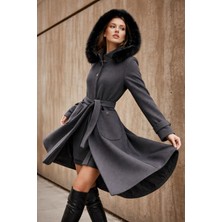 Esin Giyim Pötikare Dokulu Çıkarılabilir Kapüşonlu Kaşe Kaban