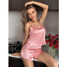 Findit Pudra Ince Askılı Arkası Dekolteli Şortlu Saten Gecelik