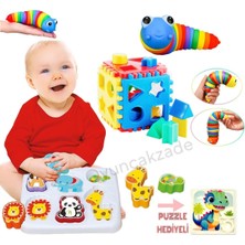 Oyuncakzade Sevimli Hayvanlar Bultak + Sök Tak Tırtıl + Küp Bultak + Kaydırmalı Yapboz Hediye Eğitici Oyuncaklar