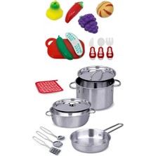 Oyuncakzade Oyuncak Çelik Tencere Tava Takımı + 14 Parça Kesilebilen Meyve Sebze Set Kız Erkek Çocuk Oyuncakları