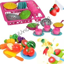 Oyuncakzade Pembe Oyuncak Bulaşıklık Tabak Tencere Set + 24 Parça Kesilebilen Oyuncak Meyve Sebze Set Depomiks