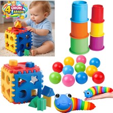 Oyuncakzade Renkli Esnek Montessori Tırtıl + Sevimli Kule + Küp Bultak 10 Top