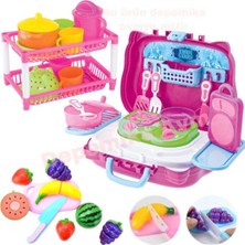 Oyuncakzade Oyuncak Taşınabilir Mutfak Set Çantalı Arabalı + Mutfak Sepeti Tabak Bardak + Kesilelen Meyve Sebze