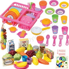 Oyuncakzade Eğitici Aktivite Pembe Bulaşık Tabak Çanak Tencere Oyuncak Seti Meyve ve Sebzeler 42 Parça 2'li Set