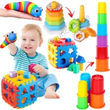 Oyuncakzade Çıngıraklı Eğitici Halkalar + Küp Bultak + Söktak Renkli Tırtıl + Sevimli Kule Eğitici Ilk Yaş Set