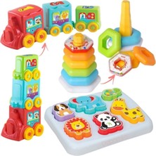 Oyuncakzade Sevimli Hayvanlar Bul Tak + Eğitici Aktivite Treni + Çıngıraklı Halkalar Eğitici Bebek Set