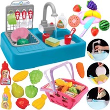 Oyuncakzade Mutfak Çeşmeli Lavabo Set + Aksesuarlı Market Sepeti + Tabaklar + Kesilebilen Meyve Set
