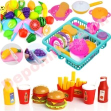 Oyuncakzade Oyuncak Bulaşıklık Tabak Tencere+Hamburger Seti+20 Parça Kesilebilen Oyuncak Meyve Sebze Set