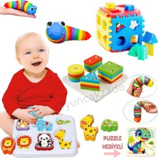 Oyuncakzade Sevimli Hayvanlar Bultak + Ahşap Geometrik + Tırtıl Oyuncağı + Küp Bultak + Kaydırmalı Yapboz Hediye