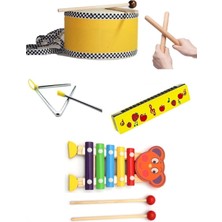 Oyuncakzade Ahşap Askılı Çocuk Davulu ( Deri) - Ksilefon -Ahşap Mızıka -Üçgen Zil -Ahşap Ritim Çubuğu Müzik Seti