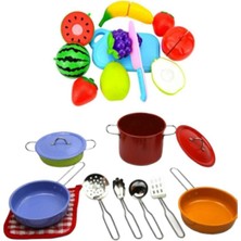 Oyuncakzade Rengarenk Metal Tencere Takımı + Kesilebilen Meyve Sebze Eğitici Kız Çocuk Oyuncak_depomiks