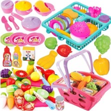 Oyuncakzade Oyuncak Bulaşıklık Tabak Tencere + 14 Parça Kesilebilen Meyve Sebze + Meyveli Market Sepeti