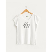 Kidilia Çizgisel Köpek Görselli Kadın V Yaka %100 Pamuklu Tasarım T-Shirt