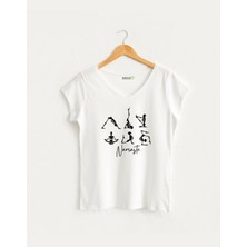 Kidilia Namaste Iskelet Görselli Kadın V Yaka %100 Pamuklu Pilates Tasarım T-Shirt