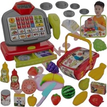 Oyuncakzade Oyuncak Pilli Sesli Barkod Okuyuculu + Market Sepeti + Kesilebilen 5 Adet Meyve/sebze Set Yazar Kasa