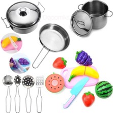 Oyuncakzade Oyuncak Metal Tencere Takımı + Kesilebilen Meyve Sebze Set Kız Erkek Çocuk Oyuncakları