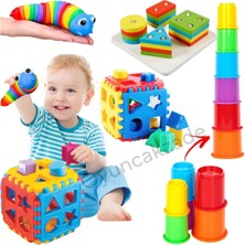 Oyuncakzade Eğitici Küp Bultak + Söktak Renkli Tırtıl + Ahşap Geometrik Şekiller + Eğitici Eğlenceli Bardaklar