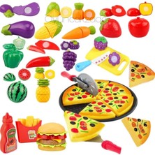 Oyuncakzade 24 Parça Kesilebilir Meyve Sebze + 16 Parça Aksesuarlı Tepsili Pizza Seti + Hamburger Seti Oyun Seti