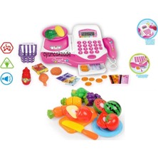 Oyuncakzade Oyuncak Tartılı Yazar Kasa Barcod Okuyucu Sesli ve Işıklı+ 12 Parça Kesilen Meyve Sebze Seti