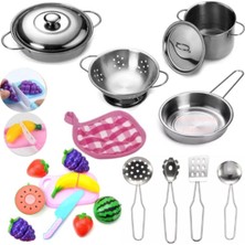 Oyuncakzade Oyuncak Metal Tencere Tava Takımı Kesilebilen Meyve Sebze Kız Çocuk Oyuncakları Pembe