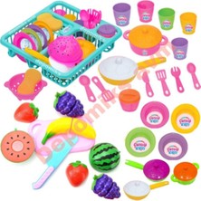 Oyuncakzade Oyuncak Bulaşıklık Tabak Tencere Set + 10 Parça Kesilebilen Oyuncak Meyve Sebze Set Depomiks