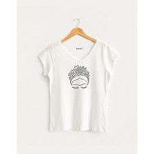 Kidilia Çizgisel Frida Görselli Kadın V Yaka %100 Pamuklu Tasarım T-Shirt