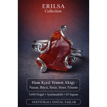 Erilsa Sertifikalı Nazar Sinir Stres Tılsımı Yüzüğü – Ham Kızıl Yemen Akik Taşı – Ayarlanabilir