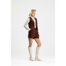 Rose Quenn Ince Fitilli Kadife Kumaşından Şort -Yelek Takım