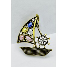 BB Bi Butik Shop Taşlı Yelkenli Tekne Figürlü Vintage Broş – Kristal Detaylı Deniz Temalı Aksesuar