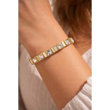 Göksunun İzi Kadın Altın Renk Çelik Şeffaf Taşlı Modüler Kare Bileklik