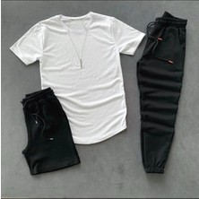 Adrift 3'lü Siyah Beyaz Eşofman Takımı T-Shirt Şort Eşofman Altı Kombin Düzjozatakım