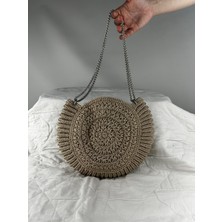 Relya Kadın Nohut Rengi Simli Örgü  Makrome El Omuz Çantası En 28 cm Boy 25 cm Derinlik 3 cm