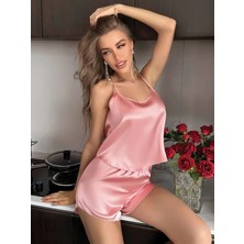 Aria's Closet Arias Closet Pudra Ince Askılı Arkası Dekolteli Şortlu Saten Gecelik