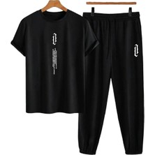 Adrift Unisex Bisiklet Yaka Slogan Baskılı Siyah Tişört ve Siyah Eşofman Altı 2'li Set A