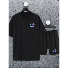 Adrift Unisex Kadın Erkek Renkli Gülen Yüz Baskılı Oversize Tshirt ve Şort Eşofman Takımı