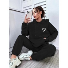 Siyah Kalp Dijital Baskılı Kışlık Unisex Eşofman Takımı