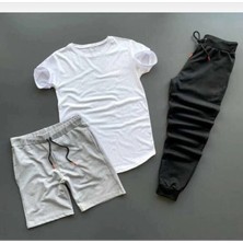 Adrift Unisex Siyah Beyaz Gri 3'lü Kombin Takım (Tişört-Şort-Eşofman Altı) Kombintakım