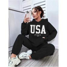 Adrift Siyah Usa Dijital Baskılı Kışlık Unisex Eşofman Takımı