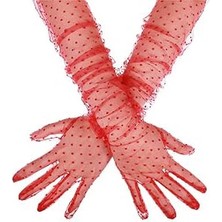 Hayat Store Uzun Boy Kırmızı Puantiyeli Kırmızı Renk Yetişkin Tül Eldiven 55 cm