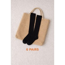 Esesto Sock 6'lı Japon Tarzı Pamuklu Uzun Siyah Mevsimlik Esnek Diz Altı Kadın Çorabı