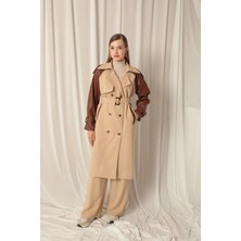 End Black Store Dokuma Kumaş Deri Garnili Bej Kadın Trençkot